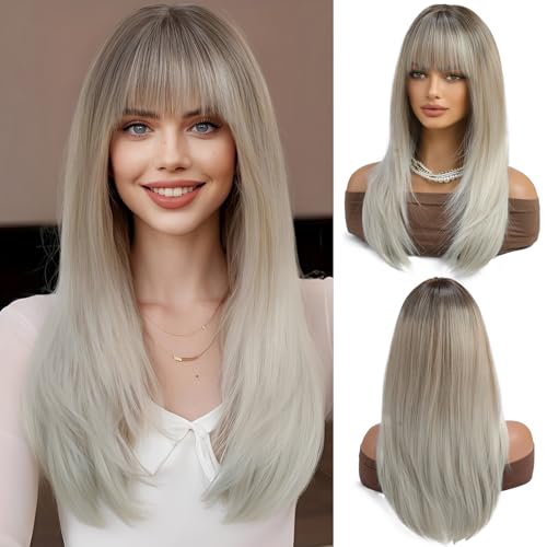 Ombre Blonde Long Straight Blonde Layered Synthetic Hair Wig with Bangs