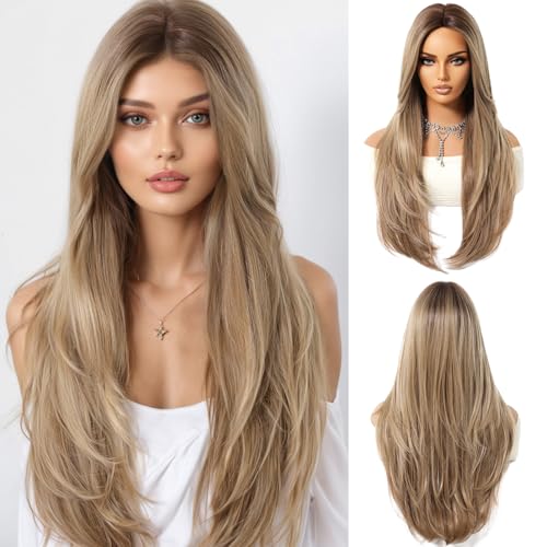 Mixed Brown Ash Blonde Long Layered Wig