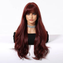 Load image into Gallery viewer, Wine Red Long Wavy Wig With Bangs
