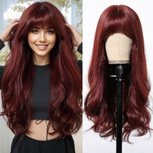 Load image into Gallery viewer, Wine Red Long Wavy Wig With Bangs
