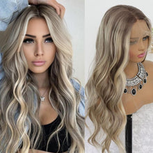 Load image into Gallery viewer, Highlight Ash Blonde Lace Front Wig Long Wavy Ombre Brown Blonde Synthetic Wig Beauty Supply Store All Products
