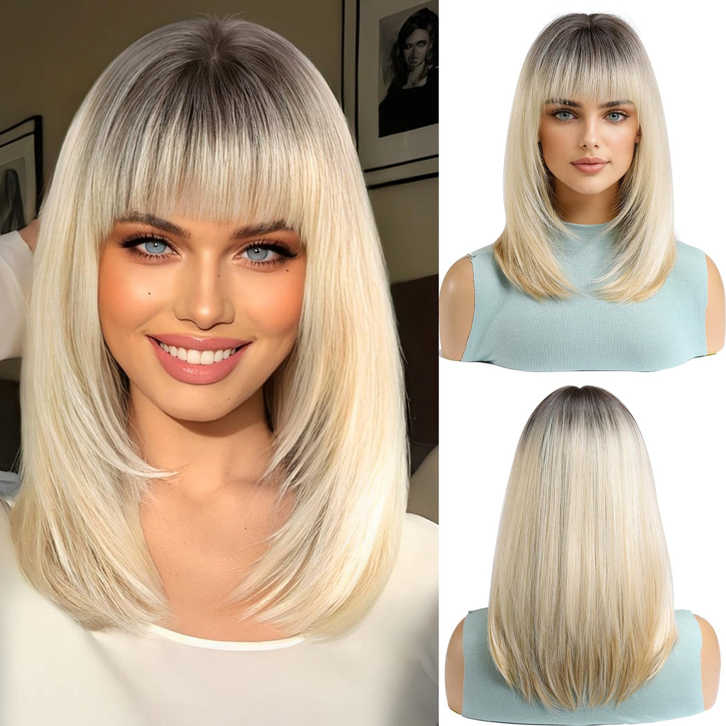 Medium Length Ombre Blonde Wig With Bangs