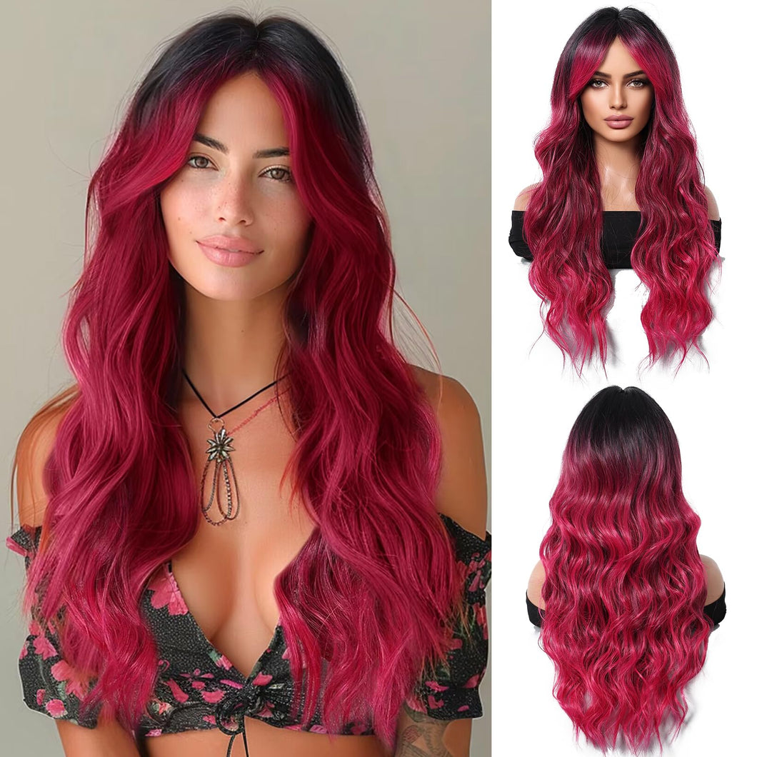 Heat Resistant Black Ombre Red Long Wavy Wig