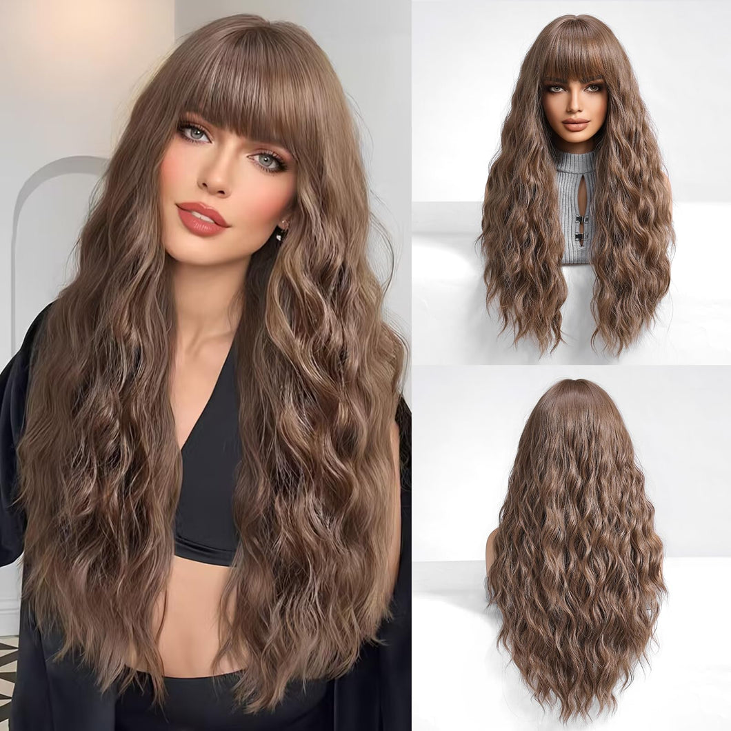 Long Wavy Light Brown Wig with Blunt Bangs