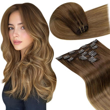 Load image into Gallery viewer, Medium Brown to Light Brown Mix Golden Blonde Balayage Clip in Hair Extensions Human Hair  Real Hair Extensions  120g
