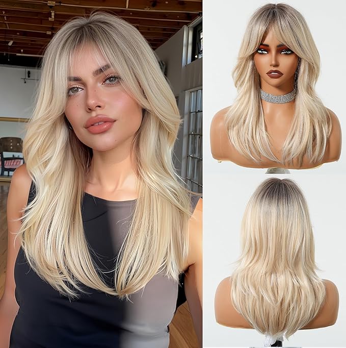 Layered Long Straight Blonde Wig with Curtain Bangs