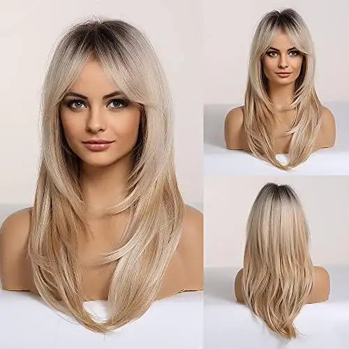 Long Blonde Layered Synthetic Hair Wig with Dark Roots Wig Store Wig