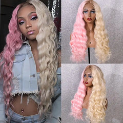 Wavy Half Pink Half Blonde Synthetic Lace Front Wig Wig Store Wig